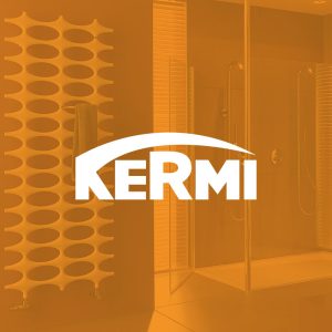 Unternehmenslogo Keim auf orangenem Hintergrund mit Dusche und Duschwandhalterung